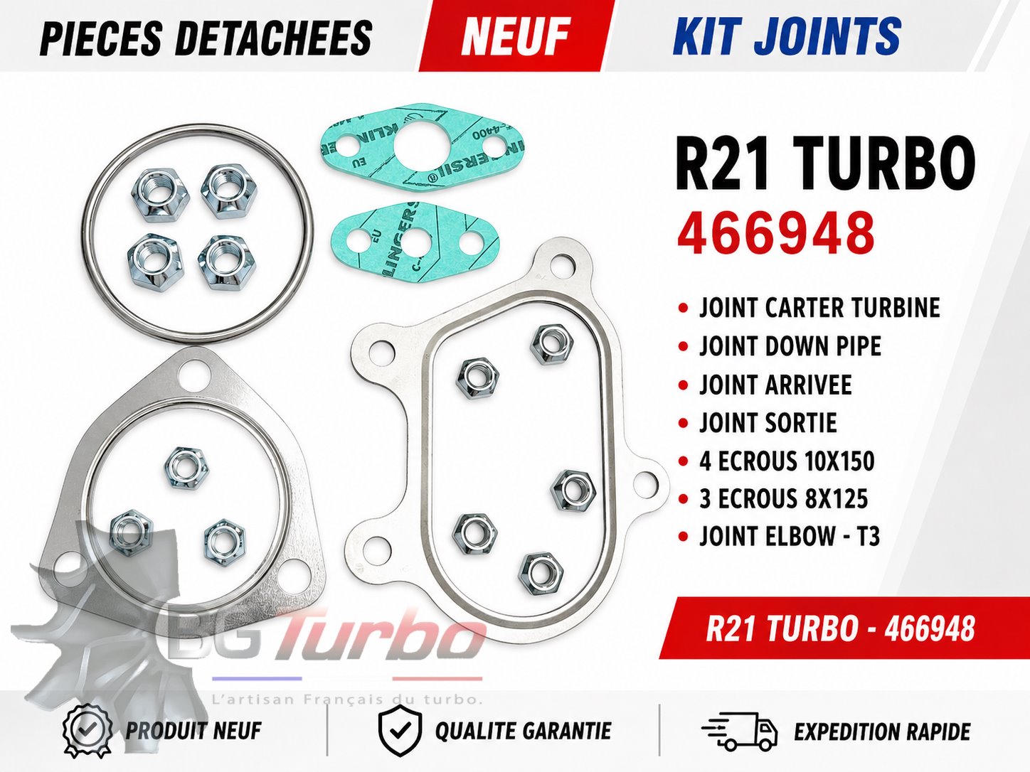 Turbo PIECES DETACHEES - NEUF - KIT JOINTS - R21 TURBO - 466948
JOINT CARTER TURBINE
+ JOINT DOWN PIPE
+ JOINT ARRIVEE
+ JOINT SORTIE
+ 4 ECROUS 10X150
+ 3 ECROUS 8X125
&nbsp;
+ JOINT ELBOW - T3 - R21 TURBO - 466948
